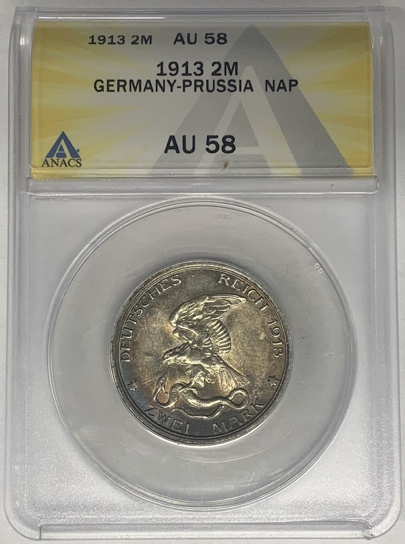 ANACS AU 58 graded 1913 German Empire 2 Mark coin: ANACS AU 58 graded 1913 German Empire 2 Mark coin This is a 1913 Germany 2 Mark coin from the Empire period (1871-1918), certified by ANACS with a grade of AU 58. The coin is pre-owned and represents