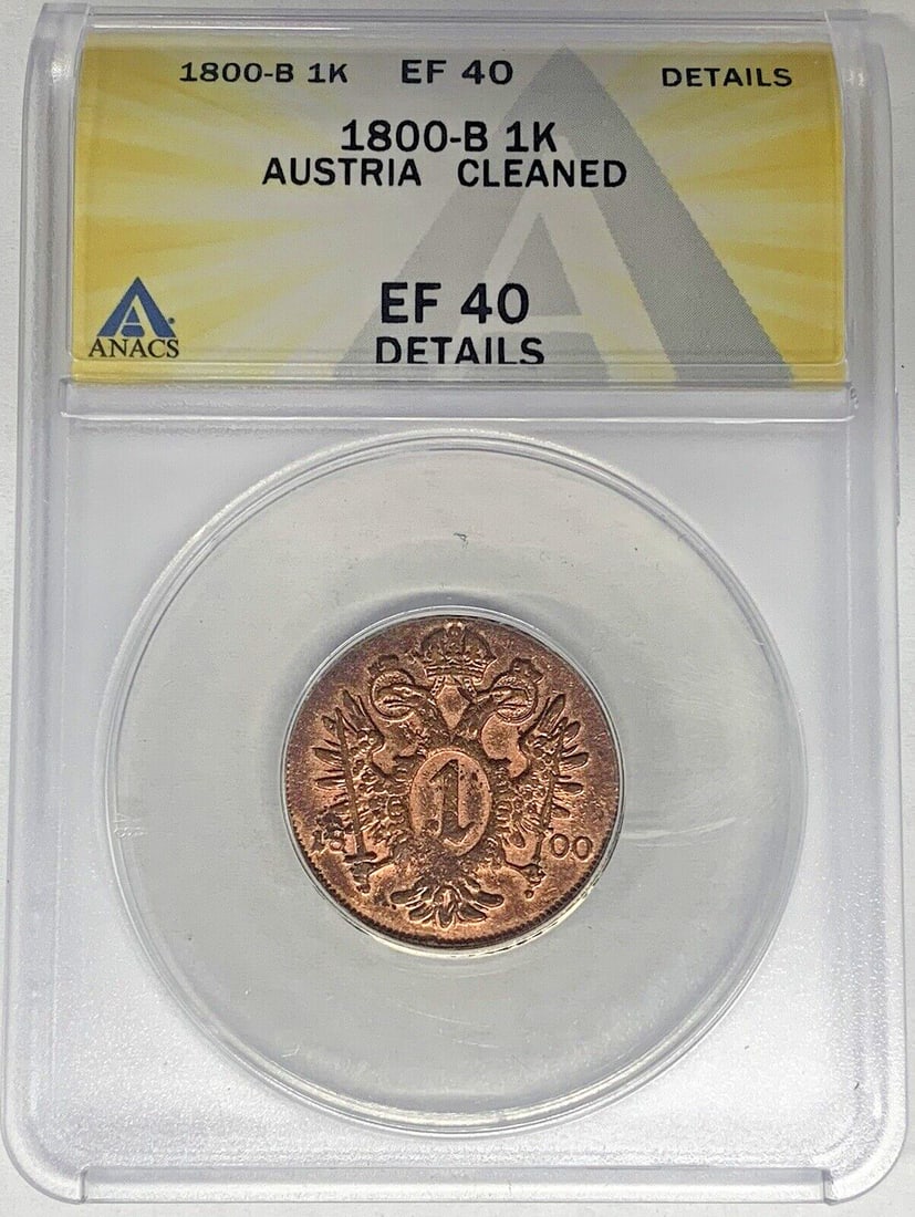 Austria 1800 Copper 1 Kreutzer Coin ANACS XF 40 Cleaned: Austria 1800 Copper 1 Kreutzer Coin ANACS XF 40 Cleaned This 1800-B Austria 1 Kreutzer coin is composed of copper and originates from Austria. Certified by ANACS with a grade of XF 40, it has been not