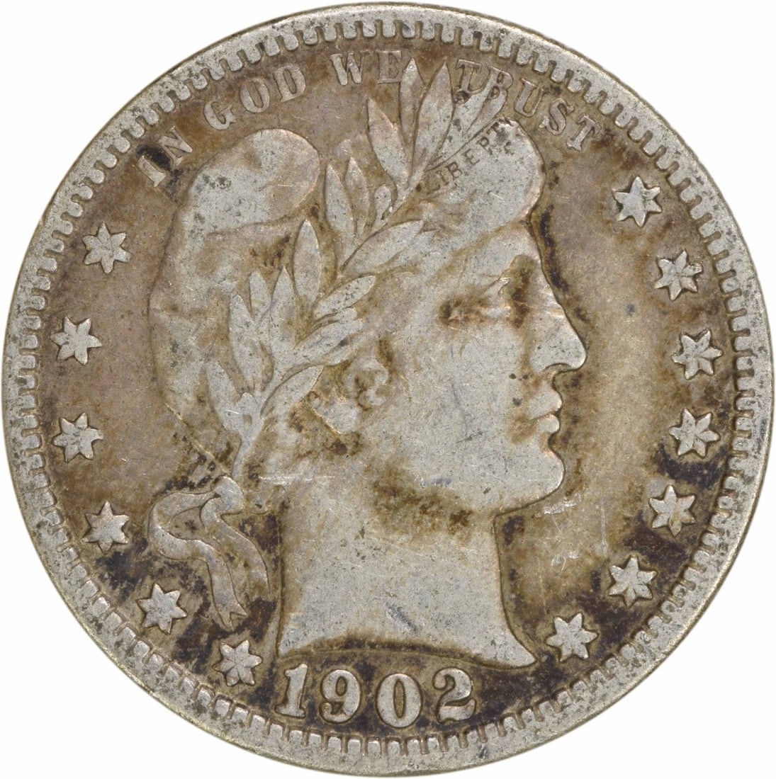 1902-O Barber Silver Quarter 25C VF Uncertified 90% Silver: 1902-O Barber Silver Quarter 25C VF Uncertified 90% Silver This 1902-O Barber Silver Quarter is a classic piece of American numismatics, featuring a design by Charles E. Barber. Struck in New Orleans,