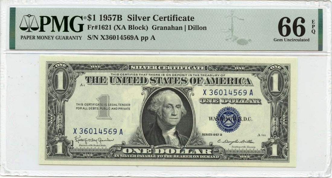 1957B $1 Silver Certificate PMG GEM 66 Uncirculated (1 of 2)