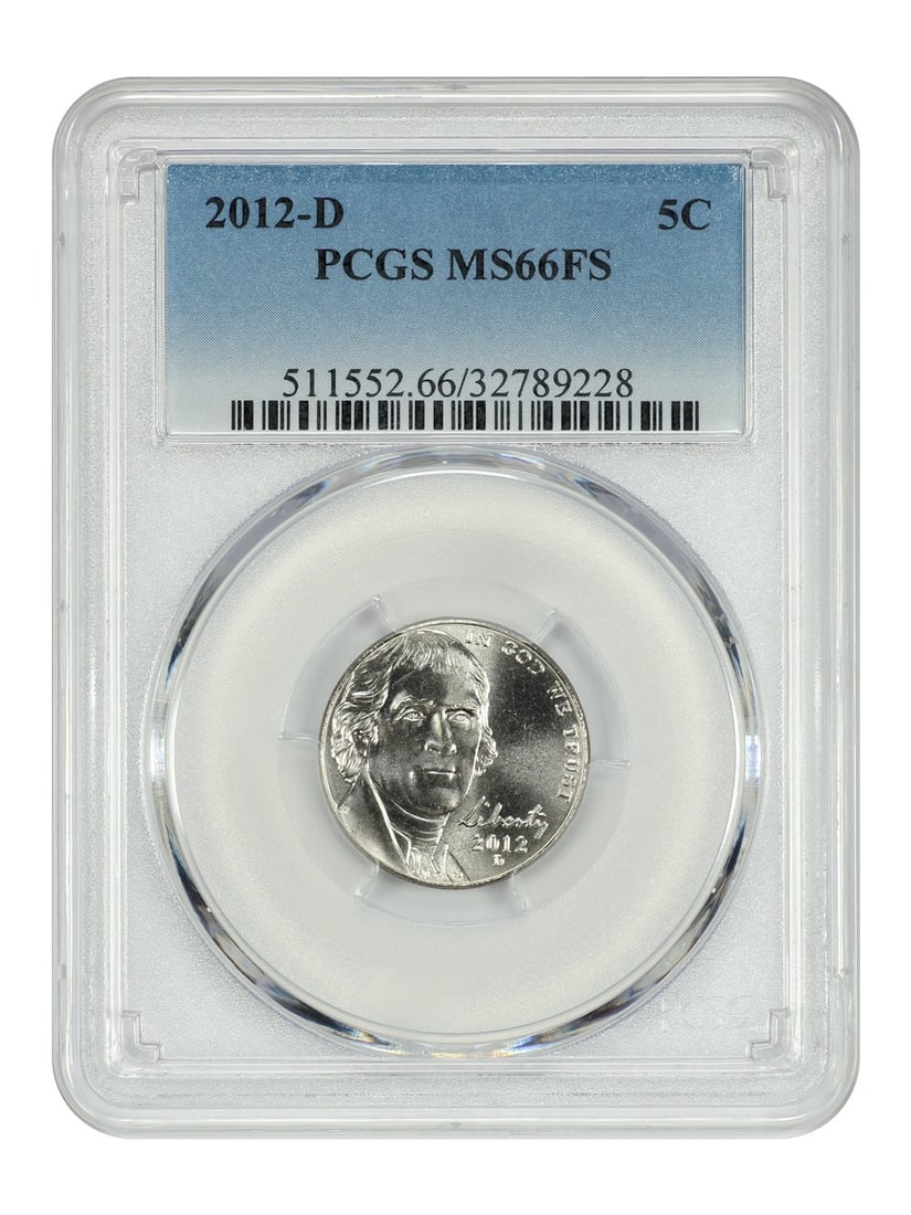 PCGS MS66FS 2012 Denver Jefferson Nickel Five Cent Coin: PCGS MS66FS 2012 Denver Jefferson Nickel Five Cent Coin This 2012-D Jefferson Nickel is graded MS66FS by PCGS, indicating a high level of preservation with full steps detail. Minted in Denver, it is a