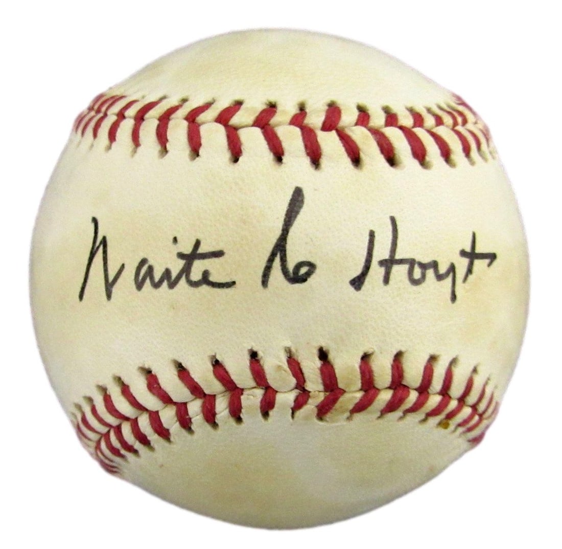 Waite Hoyt Hall of Fame Autographed Wilson Baseball Yankees JSA Authenticated: Waite Hoyt Hall of Fame Autographed Wilson Baseball Yankees JSA Authenticated This is an original Wilson official size baseball signed by Hall of Famer Waite Hoyt on the sweet spot. The ball commemora