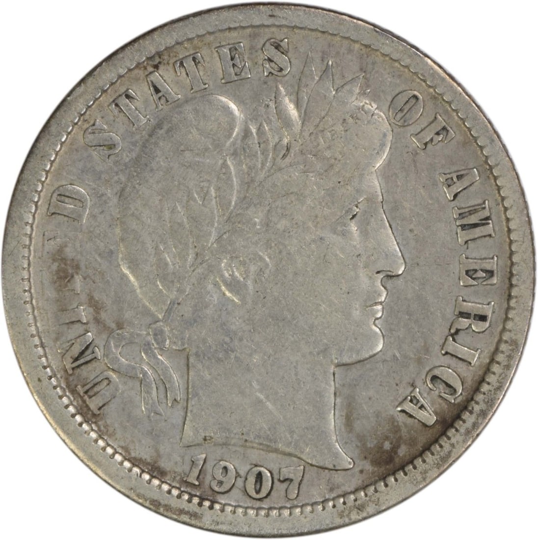 Barber Dime 1907 New Orleans Mint 90 Percent Silver EF Grade Uncertified: Barber Dime 1907 New Orleans Mint 90 Percent Silver EF Grade Uncertified This is a 1907-O Barber Silver Dime from the United States, minted in New Orleans. Designed by Charles E. Barber, this circulat