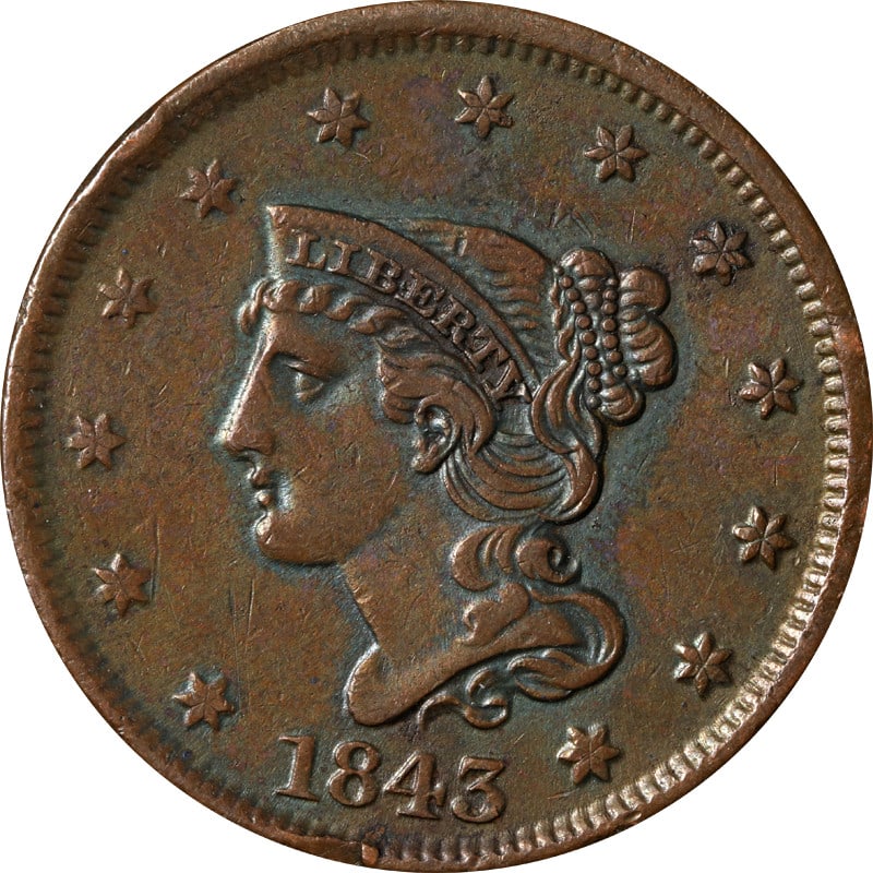 Copper Large Cent United States 1843 Circulated Coin (1 of 2)