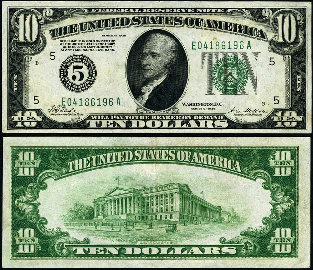 1928 $10 Federal Reserve Note Richmond E-A Block AU+ (1 of 3)