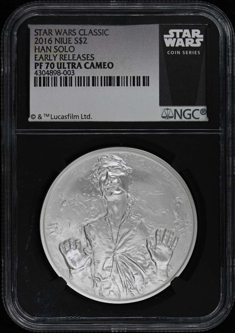 2016 Niue PR70 Han Solo Silver Two Dollars Coin NGC Early Releases: 2016 Niue PR70 Han Solo Silver Two Dollars Coin NGC Early Releases This 2016 Niue Han Solo $2 coin is an un-used, pre-owned collectible graded PR70 by NGC. It features an early release designation and