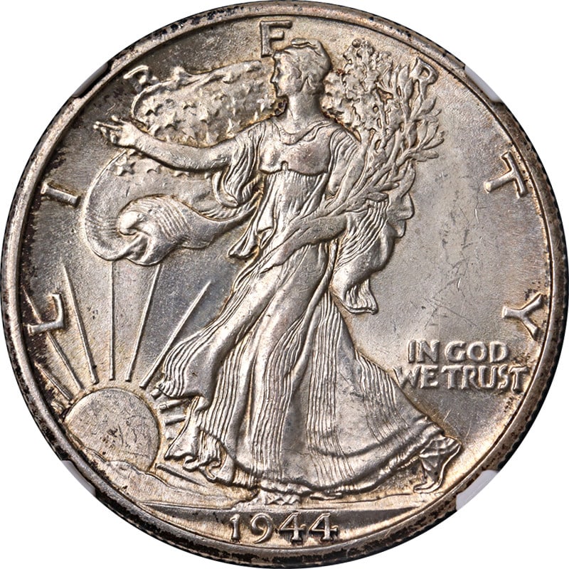 1944-D Walking Liberty Half Dollar NGC MS64 Silver Coin: 1944-D Walking Liberty Half Dollar NGC MS64 Silver Coin This stunning 1944-D Walking Liberty Half showcases excellent eye appeal, featuring vibrant luster and a strong strike. The coin's surfaces are