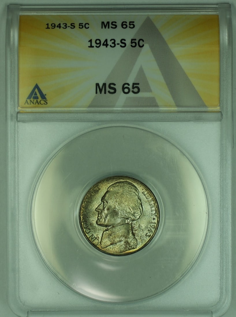ANACS MS 65 1943-S Jefferson 5C Silver Nickel with Toning: ANACS MS 65 1943-S Jefferson 5C Silver Nickel with Toning This is a 1943-S Jefferson Silver Nickel with a toned finish, graded MS 65 by ANACS. The coin is uncirculated and features a 5C denomination.