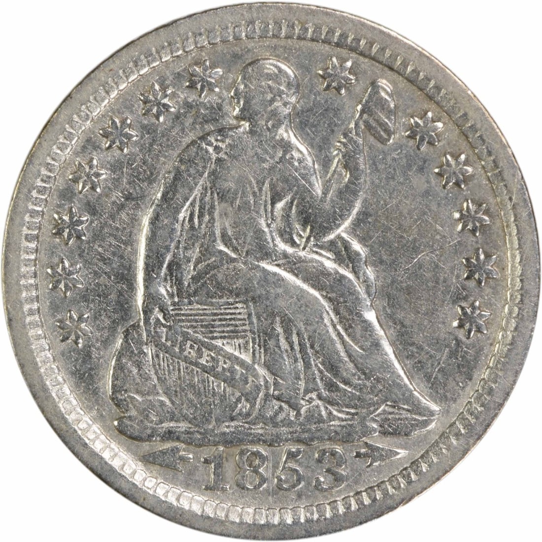 1853 Liberty Seated Half Dime 90% Silver Uncertified: 1853 Liberty Seated Half Dime 90% Silver Uncertified This 1853 Liberty Seated Silver Half Dime is a remarkable piece of U.S. numismatic history. Struck in Philadelphia, this coin features a classic se