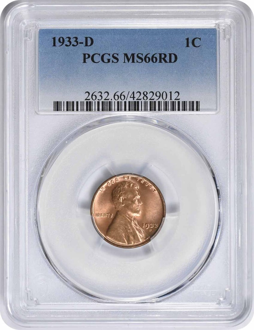 PCGS MS66RD 1933 Denver Lincoln Wheat Cent 1c United States: PCGS MS66RD 1933 Denver Lincoln Wheat Cent 1c United States This 1933-D Lincoln Cent is graded MS66RD by PCGS and remains uncirculated. Minted in Denver, it features the classic Lincoln Wheat design b