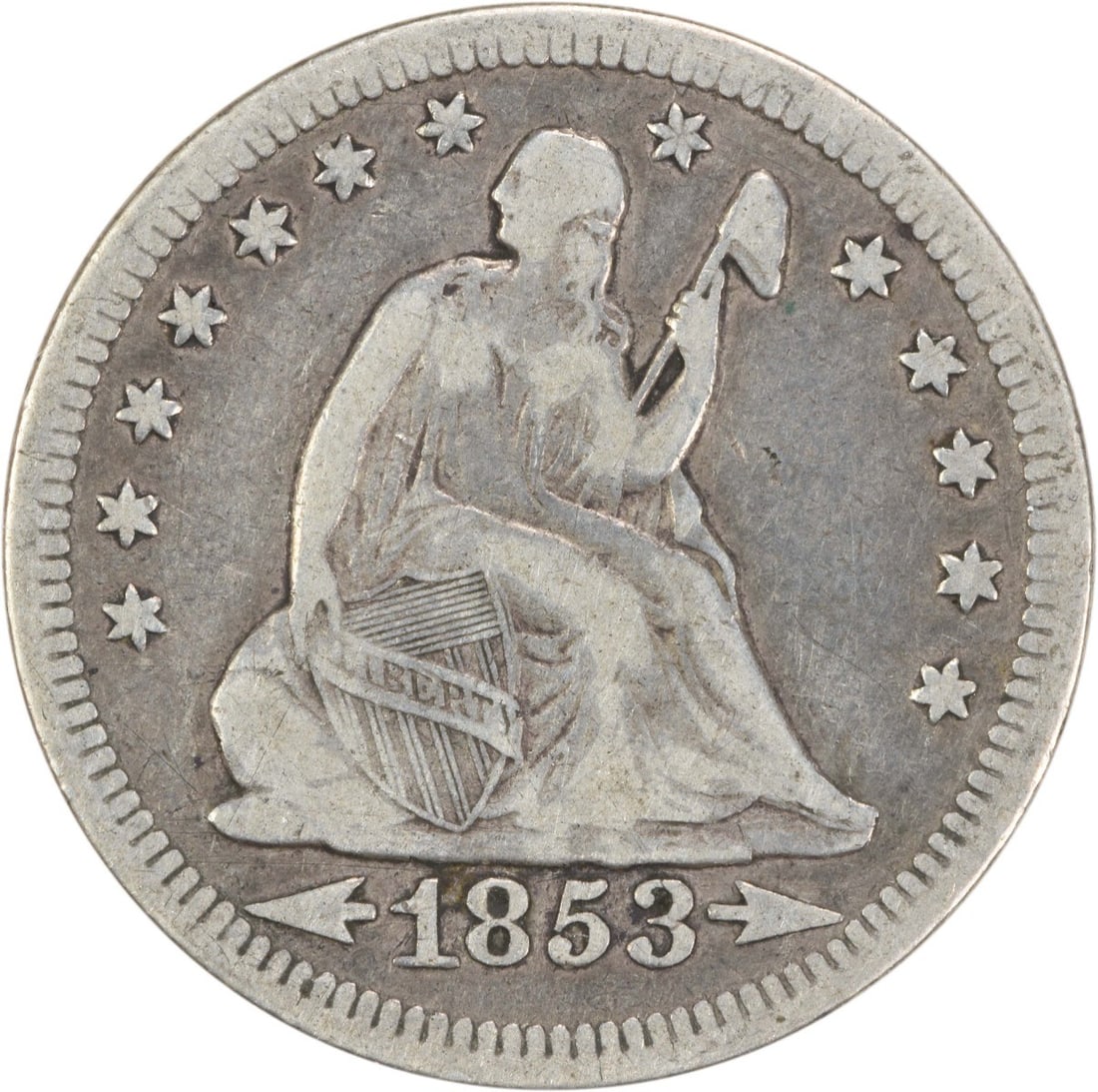 1853 Liberty Seated Quarter 90% Silver VF Uncertified Coin: 1853 Liberty Seated Quarter 90% Silver VF Uncertified Coin This 1853 Liberty Seated Silver Quarter features the Arrows and Rays design, showcasing a rich history and craftsmanship. Struck in Philadelp