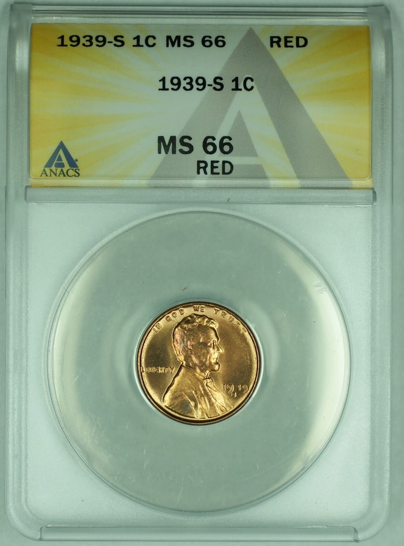1939-S Lincoln Wheat Cent ANACS MS66 Red Certified Small Cent Coin: 1939-S Lincoln Wheat Cent ANACS MS66 Red Certified Small Cent Coin This is a 1939-S Lincoln Wheat Cent, certified by ANACS with a grade of MS 66 RD. The coin has not been circulated and features the r