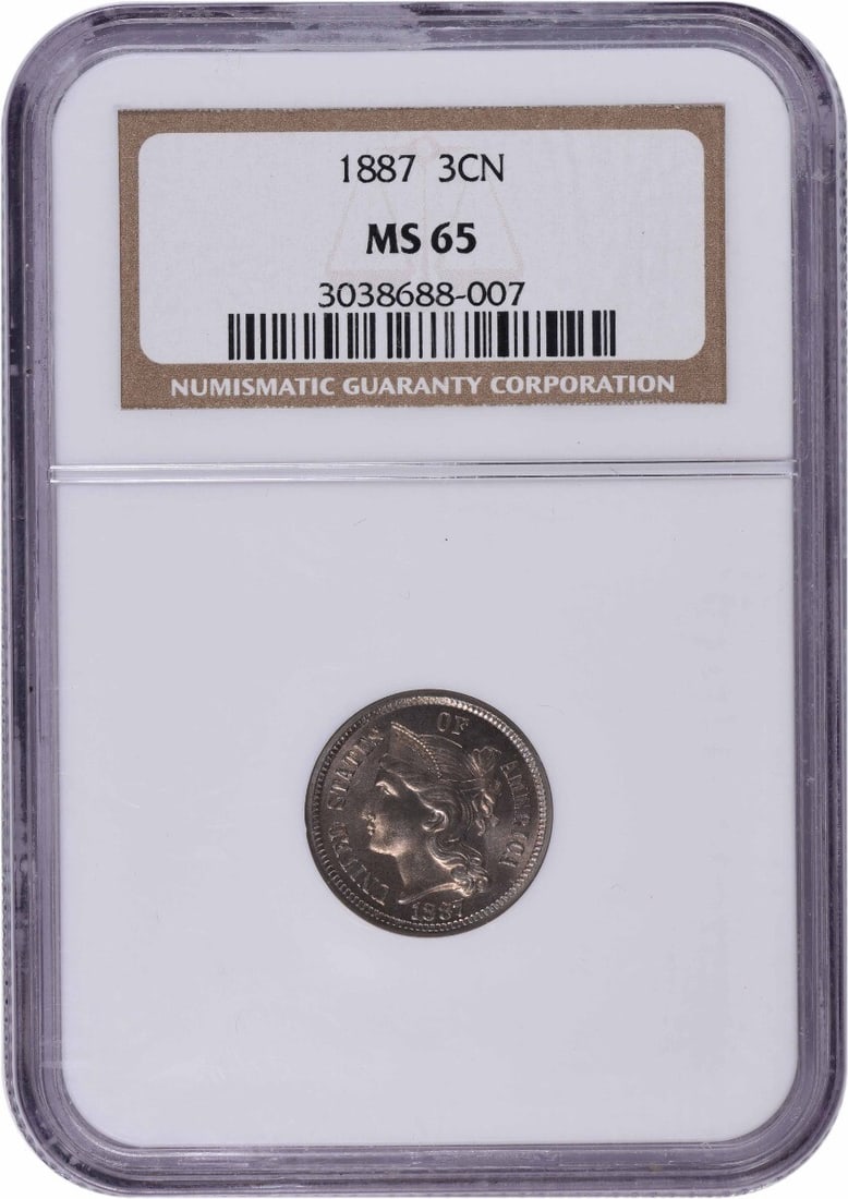 MS65 NGC 1887 Three Cent Nickel Coin United States: MS65 NGC 1887 Three Cent Nickel Coin United States This 1887 Three Cent Nickel coin from the United States is certified MS65 by NGC. Struck in Philadelphia, the coin is uncirculated and was designed b