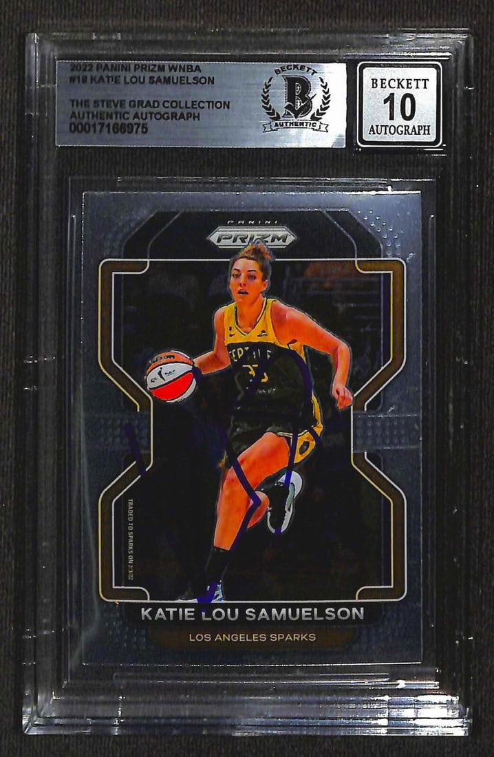 Katie Lou Samuelson 2022 Panini Prizm WNBA Signed Card Auto Grade 10 Beckett: Katie Lou Samuelson 2022 Panini Prizm WNBA Signed Card Auto Grade 10 Beckett This is a signed 2022 Panini Prizm WNBA trading card featuring Katie Lou Samuelson, the Los Angeles Sparks player. The auto