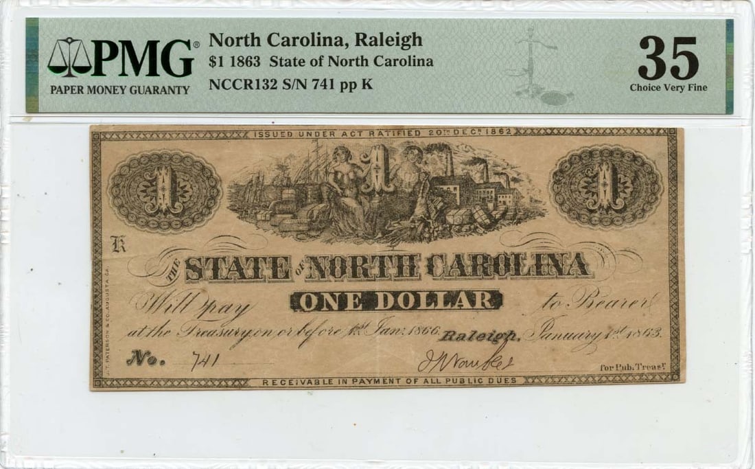 1863 $1 North Carolina Obsolete Note PMG VF35 Certified (1 of 2)
