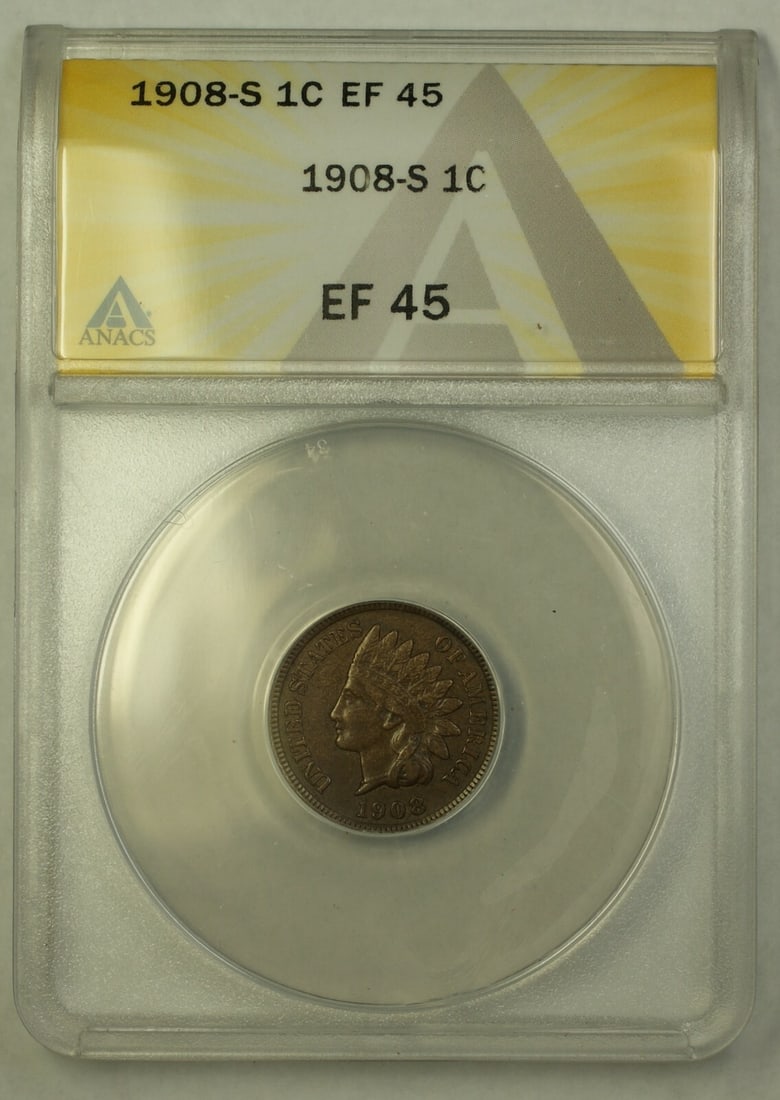 ANACS EF-45 1908-S Indian Head Bronze Cent San Francisco Mint (1 of 2)