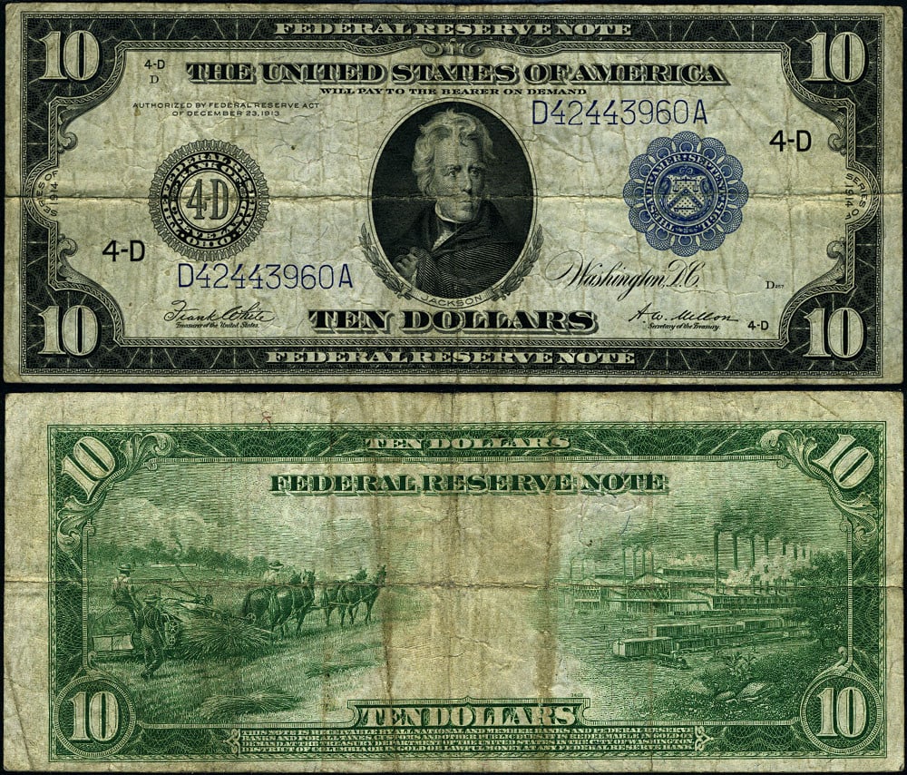 1914 $10 Cleveland Federal Reserve Note Fine+ Uncertified (1 of 3)