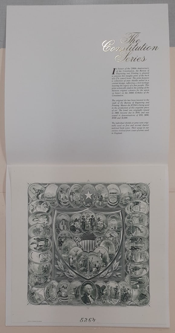 Constitution Bicentennial State Shields Green Souvenir Card B 113: Constitution Bicentennial State Shields Green Souvenir Card B 113 This BEP souvenir card was issued in 1987 to commemorate the 200th anniversary of the U.S. Constitution. It features a proof print of