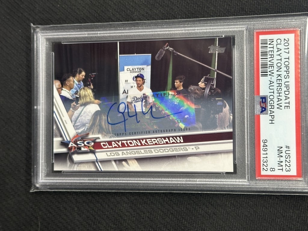 Clayton Kershaw 2017 Topps Update SSP Auto PSA 8 Dodgers US223: Clayton Kershaw 2017 Topps Update SSP Auto PSA 8 Dodgers US223 This is a 2017 Topps Update Interview Auto SSP baseball card featuring Clayton Kershaw, a celebrated player for the Los Angeles Dodgers.