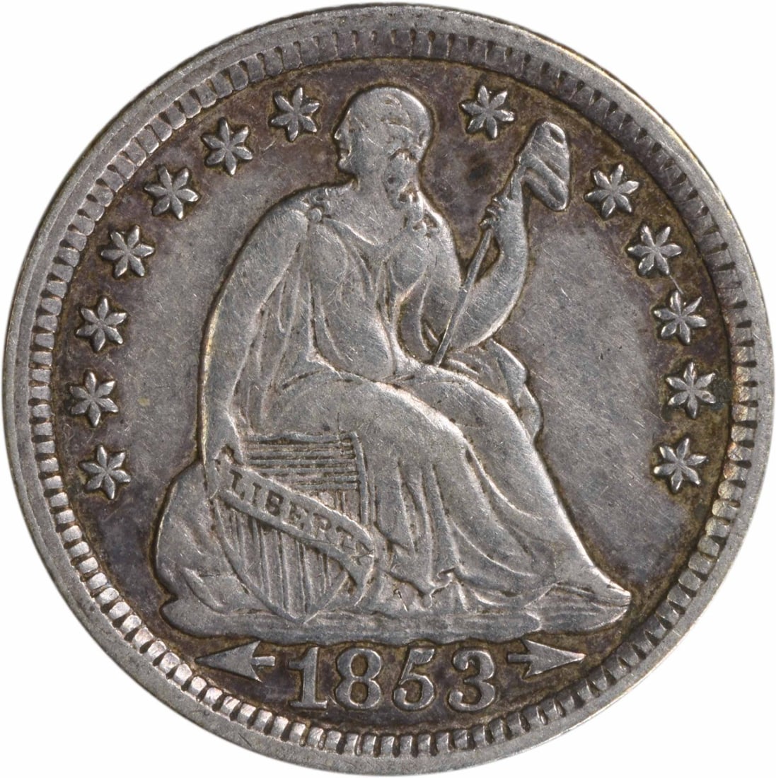 1853 Liberty Seated Half Dime 90% Silver Uncertified Choice EF: 1853 Liberty Seated Half Dime 90% Silver Uncertified Choice EF This 1853 Liberty Seated Silver Half Dime features a classic design by Christian Gobrecht. Minted in Philadelphia, this coin is a circula