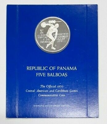 1970 Panama 5 Balboas Sterling Silver Proof Caribbean Games Commemorative Coin: 1970 Panama 5 Balboas Sterling Silver Proof Caribbean Games Commemorative Coin This is a 1970 Republic of Panama 5 Balboa proof coin, struck in .925 sterling silver to commemorate the XI Central Ameri