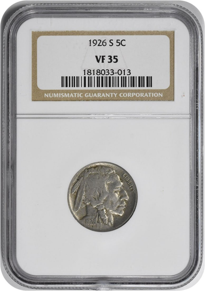 NGC VF35 1926 San Francisco Buffalo Five Cent Nickel: NGC VF35 1926 San Francisco Buffalo Five Cent Nickel This is a 1926-S Buffalo Nickel from the United States, certified by NGC with a grade of VF35. The coin is circulated and composed of nickel. It wa