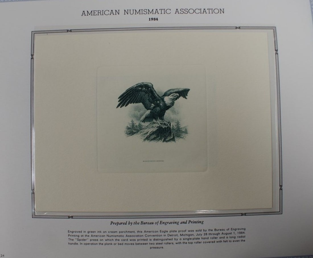 ANA 1984 BEP B 72 Green Proof Eagle Souvenir Card: ANA 1984 BEP B 72 Green Proof Eagle Souvenir Card This BEP souvenir card, designated as B 72 ANA 1984, features a proof eagle vignette in green. Issued by the United States Bureau of Engraving and Pri