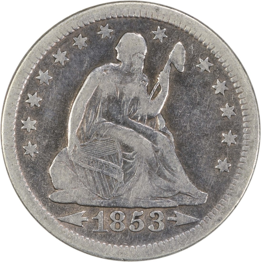 1853 Liberty Seated Silver Quarter 90% Silver VF Uncertified: 1853 Liberty Seated Silver Quarter 90% Silver VF Uncertified This 1853 Liberty Seated Silver Quarter features the Arrows and Rays design, showcasing the artistry of renowned designers Robert Ball Hugh
