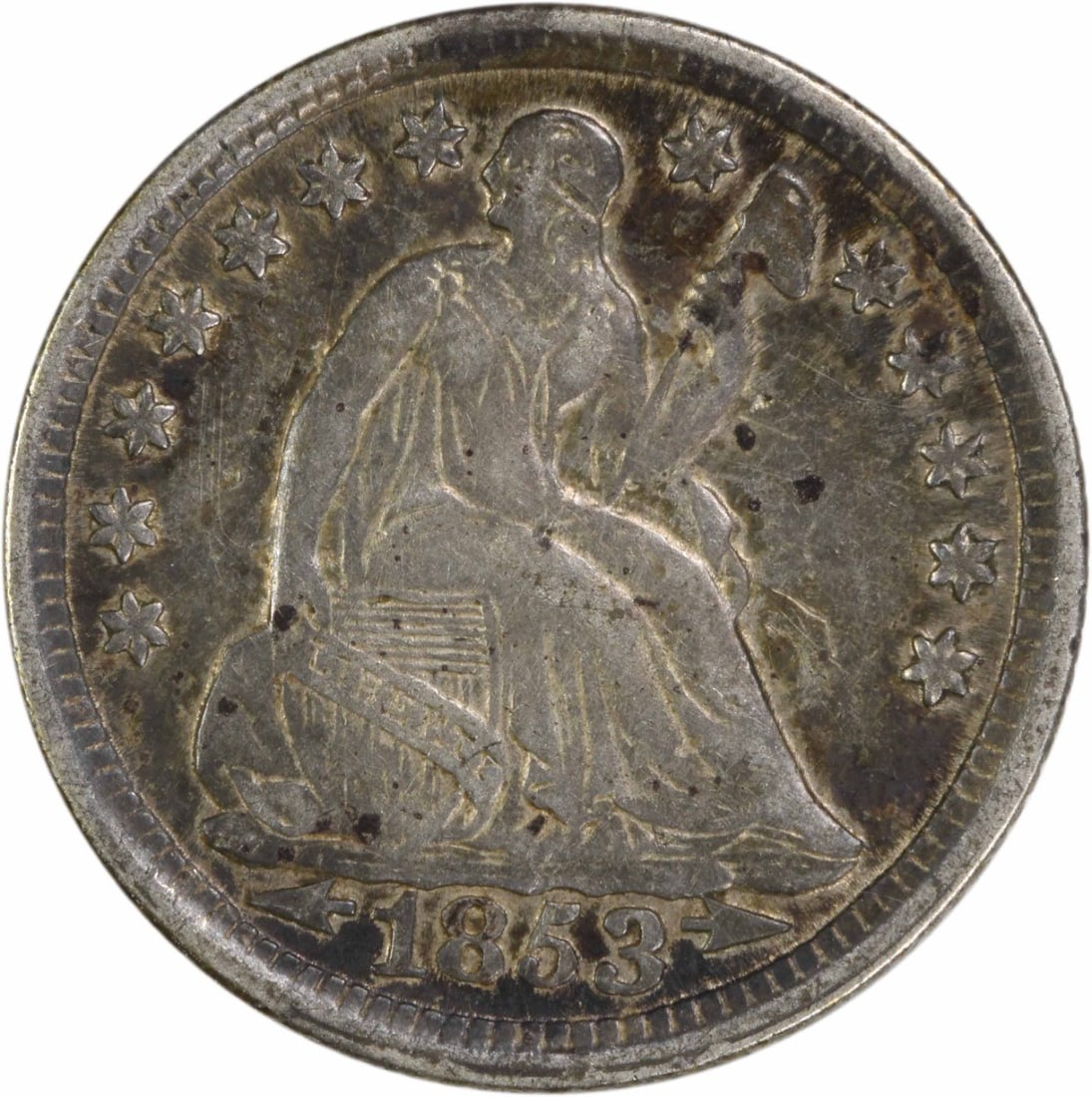 1853 Liberty Seated Half Dime Silver Coin Uncertified EF: 1853 Liberty Seated Half Dime Silver Coin Uncertified EF This 1853 Liberty Seated Silver Half Dime is a remarkable piece of numismatic history. Struck in Philadelphia, this coin features a beautiful d