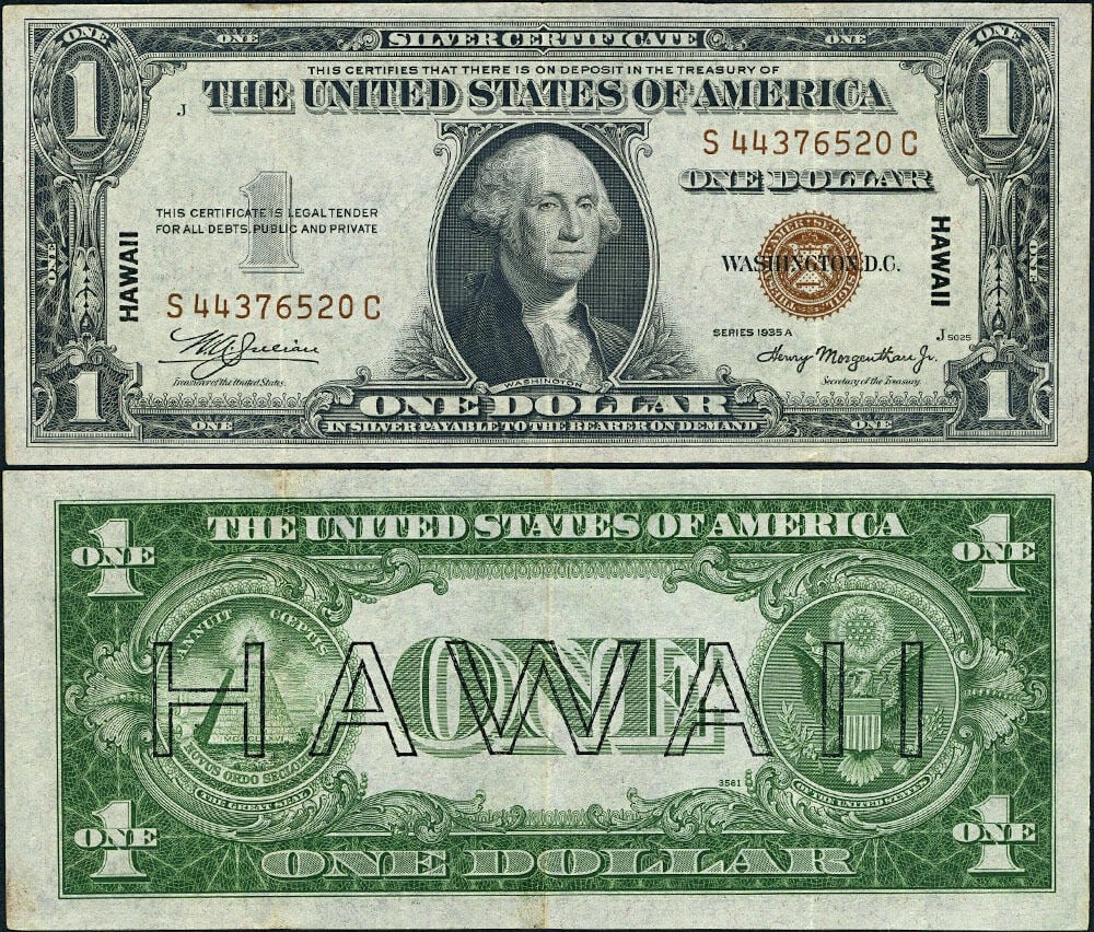 1935-A $1 Hawaii Note FR. 2300 S-C Block XF+ Circulated: 1935-A $1 Hawaii Note FR. 2300 S-C Block XF+ Circulated This $1 1935-A Hawaii Note, designated as FR. 2300, is a captivating piece of currency history. It is a circulated note in XF+ condition, showca