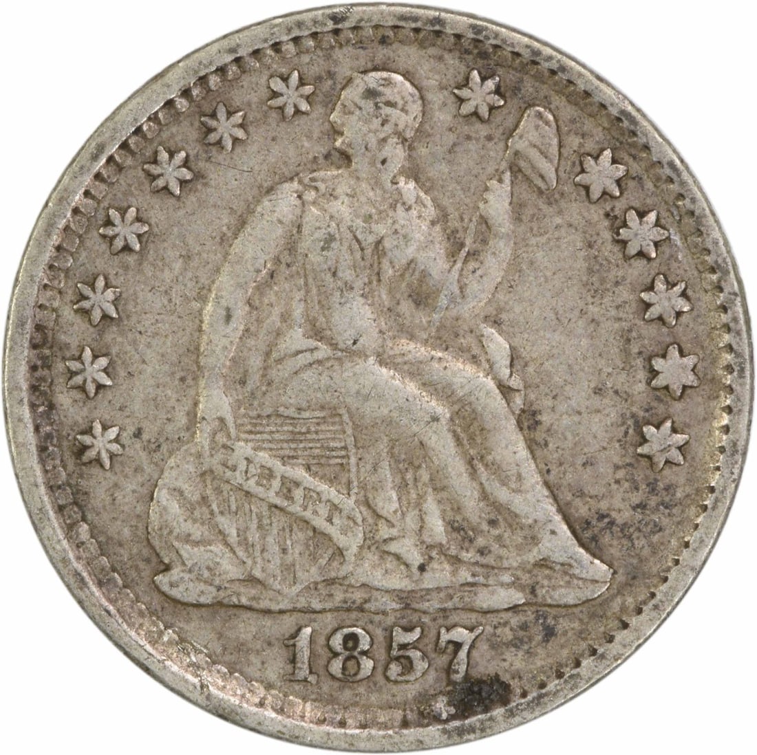 1857 Liberty Seated Half Dime Uncertified 90% Silver: 1857 Liberty Seated Half Dime Uncertified 90% Silver This 1857 Liberty Seated Silver Half Dime features a design by Christian Gobrecht and is a remarkable piece of American numismatic history. Struck