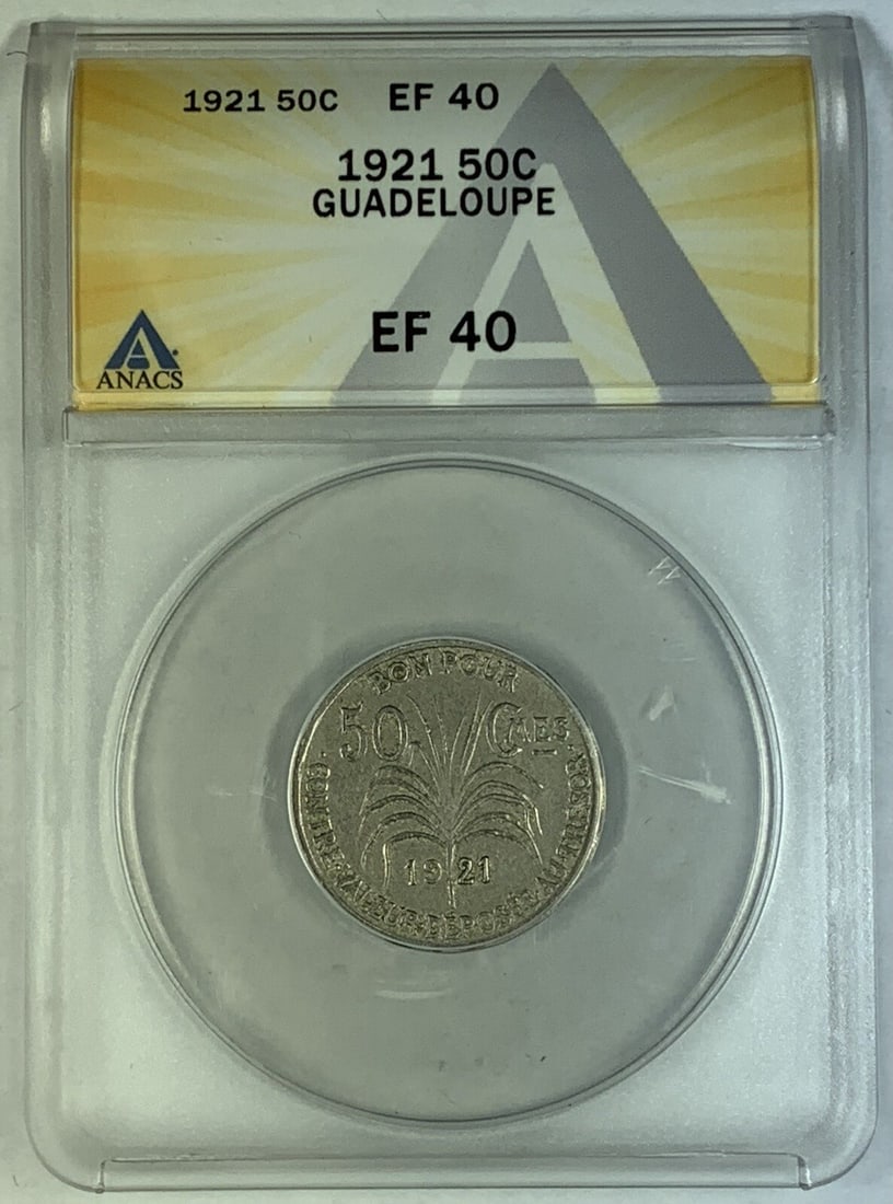 1921 Guadeloupe 50 Centimes Coin ANACS XF 40 Certified: 1921 Guadeloupe 50 Centimes Coin ANACS XF 40 Certified This 1921 50 Centimes coin from Guadeloupe, a Caribbean island under French administration, has been graded XF 40 by ANACS. The coin is pre-owned
