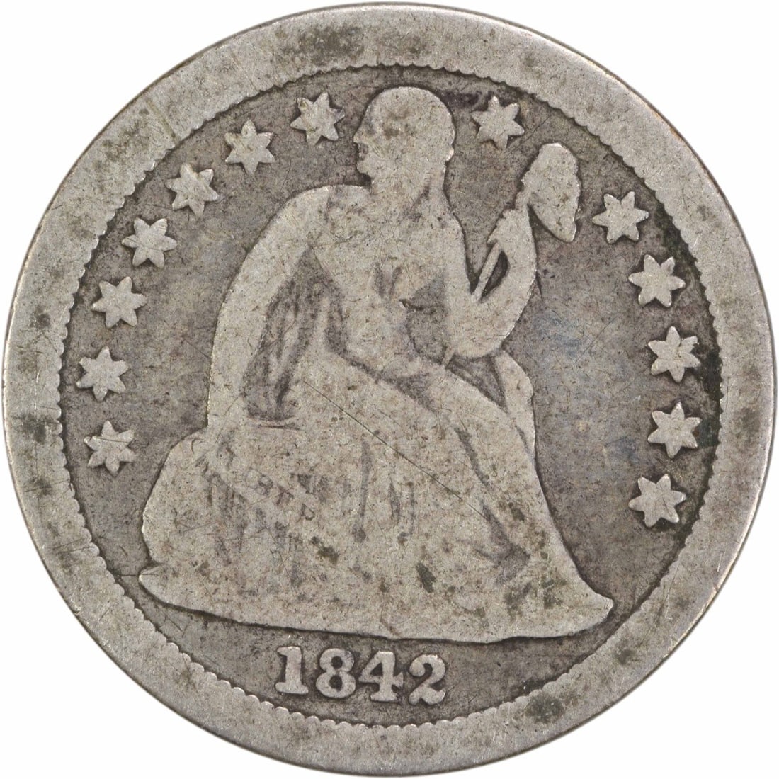 1842-O Liberty Seated Dime 10C Silver Uncertified New Orleans: 1842-O Liberty Seated Dime 10C Silver Uncertified New Orleans This 1842-O Liberty Seated Silver Dime is a notable collectible from the United States, featuring a design by Christian Gobrecht. Struck a