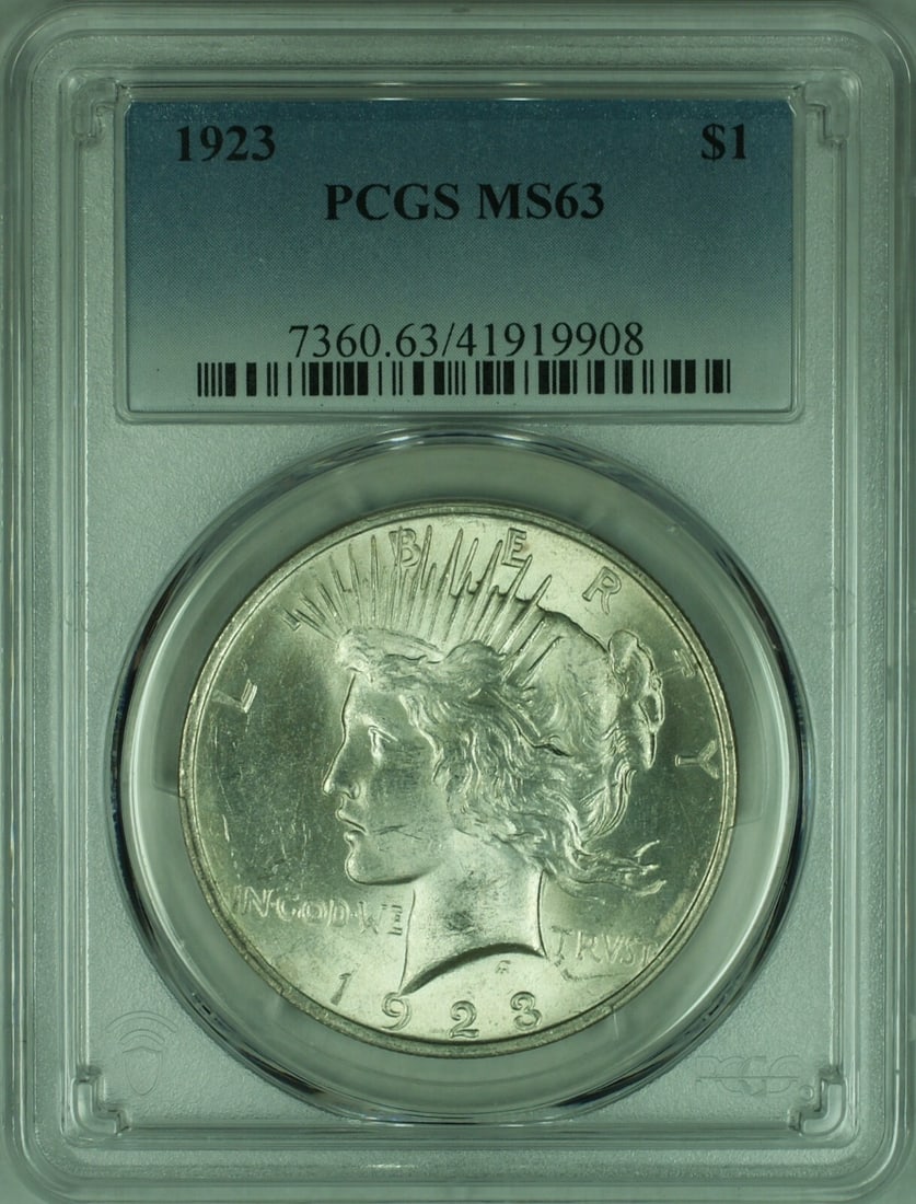 PCGS MS63 1923 Peace Silver Dollar Uncirculated Philadelphia Mint: PCGS MS63 1923 Peace Silver Dollar Uncirculated Philadelphia Mint This 1923 Peace Silver Dollar is a $1 coin from the United States, minted in Philadelphia. Certified by PCGS with a grade of MS 63, th