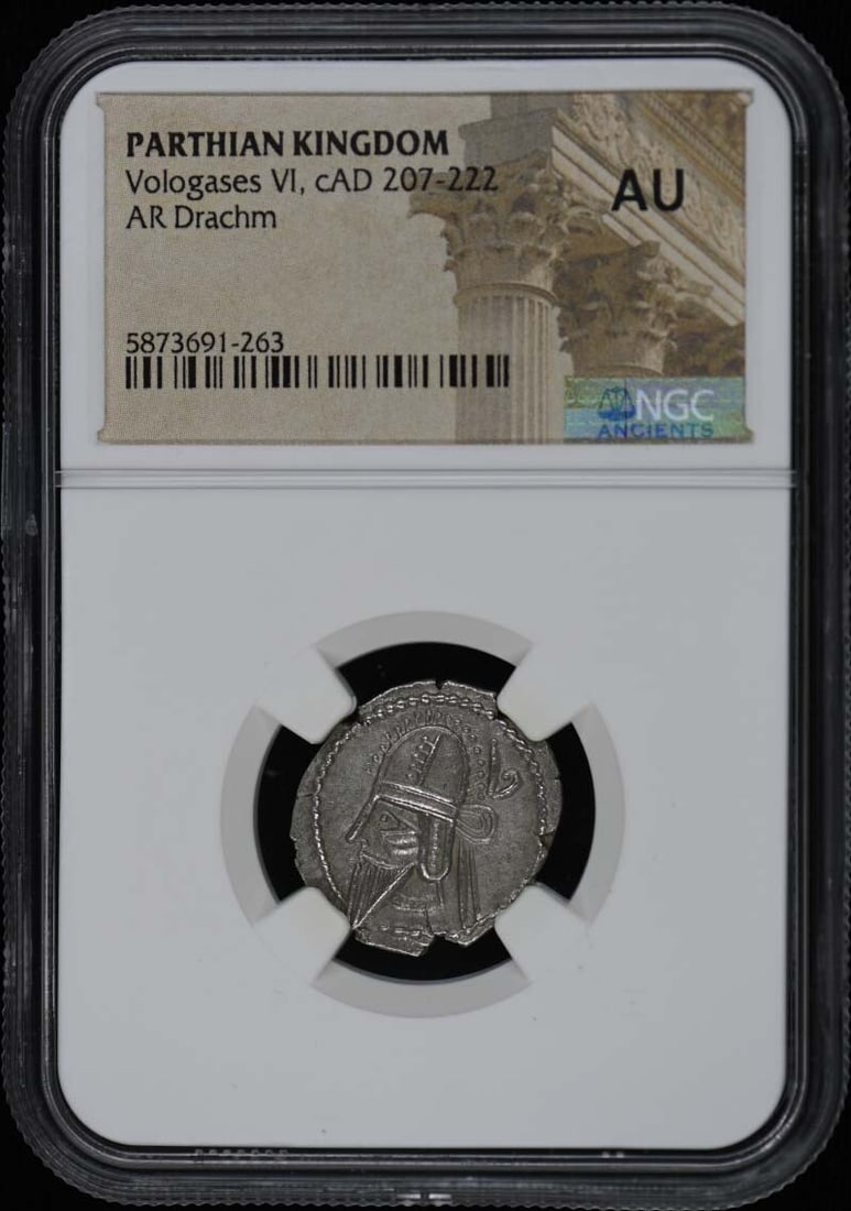 Parthian Kingdom AR Drachm NGC AU50 Vologases VI cAD 207-222 Silver Coin: Parthian Kingdom AR Drachm NGC AU50 Vologases VI cAD 207-222 Silver Coin This is a Parthian Kingdom AR Drachm coin from the reign of Vologases VI, dating to approximately AD 207-222. The coin has been