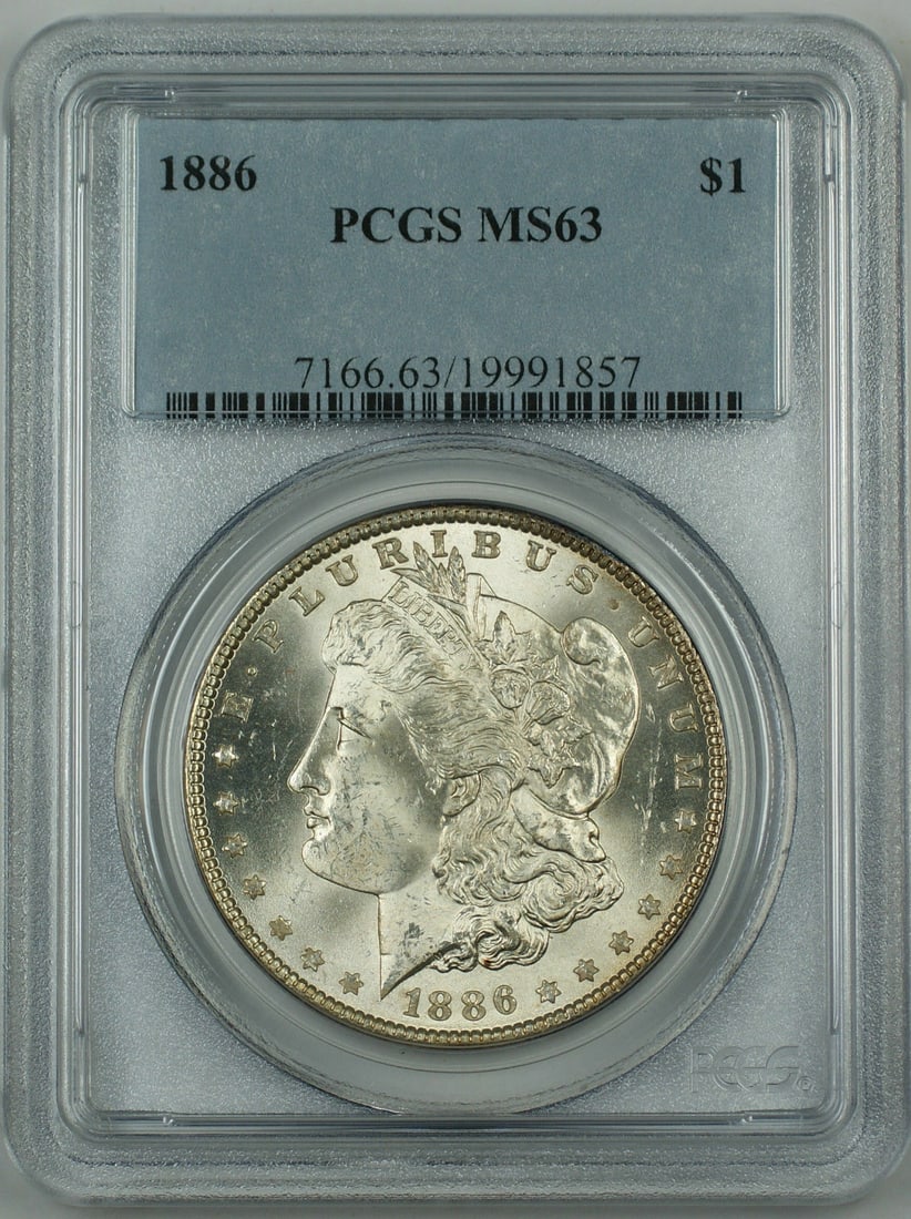 Uncirculated Morgan Silver Dollar MS-63 Graded by PCGS: Uncirculated Morgan Silver Dollar MS-63 Graded by PCGS This is a PCGS-certified Morgan Silver Dollar graded MS-63. The coin is uncirculated and composed of silver. It was manufactured in the United St