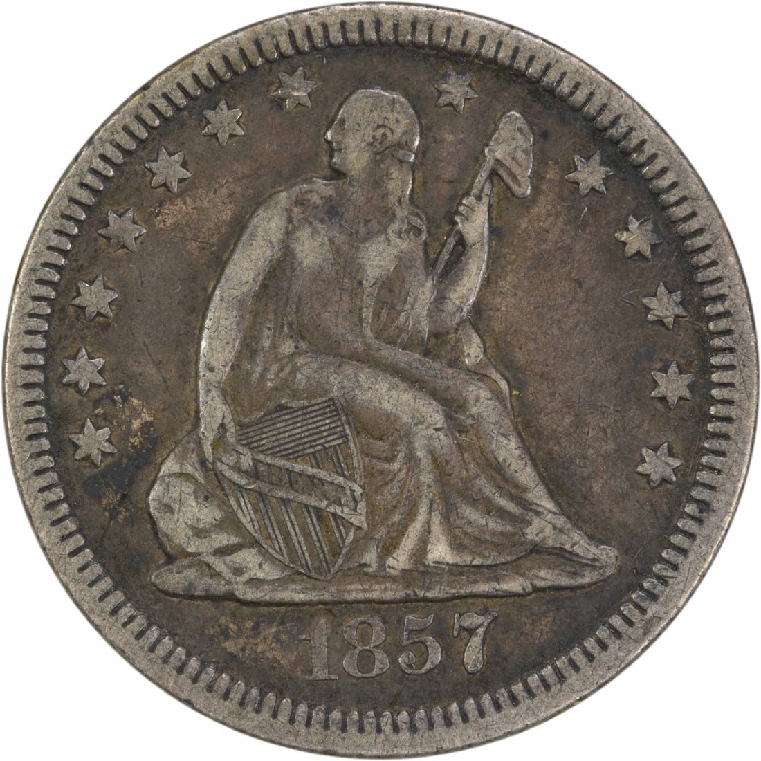 1857 Liberty Seated Silver Quarter 25C VF Uncertified Philadelphia: 1857 Liberty Seated Silver Quarter 25C VF Uncertified Philadelphia This 1857 Liberty Seated Silver Quarter is a classic piece of American numismatic history. Struck in Philadelphia, this coin features
