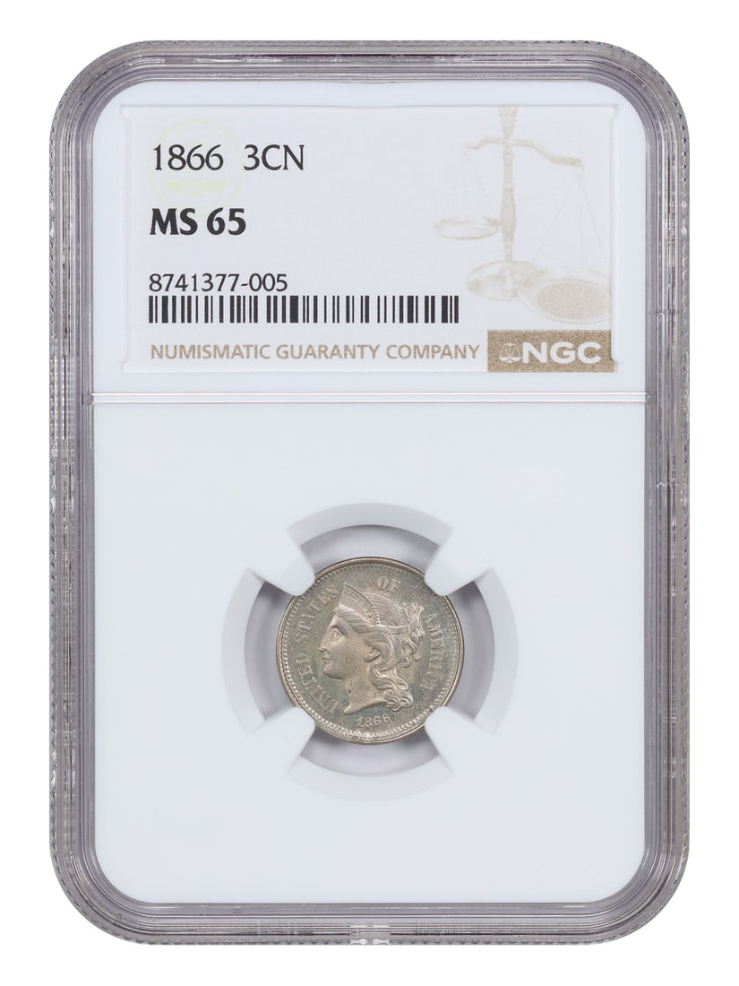 NGC MS65 1866 Three Cent Nickel Coin Certified: NGC MS65 1866 Three Cent Nickel Coin Certified This is an 1866 Three Cent Nickel coin graded MS65 by NGC. It is an uncirculated example from the Philadelphia Mint, belonging to the Three Cent Nickel s