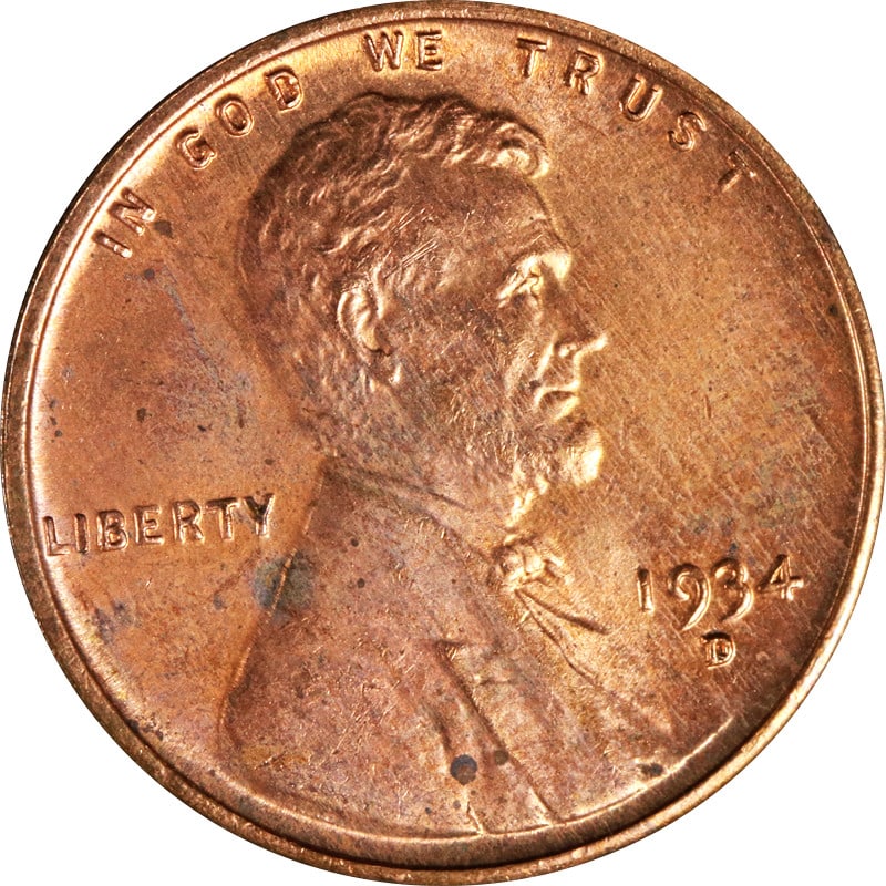 Copper 1934 Denver Mint Lincoln Wheat Penny United States Coin (1 of 2)