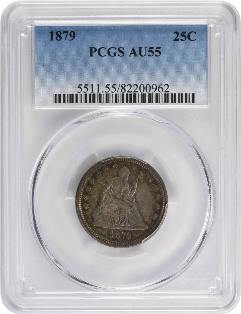 1879 Liberty Seated Quarter AU55 PCGS 90% Silver Philadelphia Mint: 1879 Liberty Seated Quarter AU55 PCGS 90% Silver Philadelphia Mint This 1879 Liberty Seated Silver Quarter, certified AU55 by PCGS, features the iconic Seated Liberty design by Robert Ball Hughes and