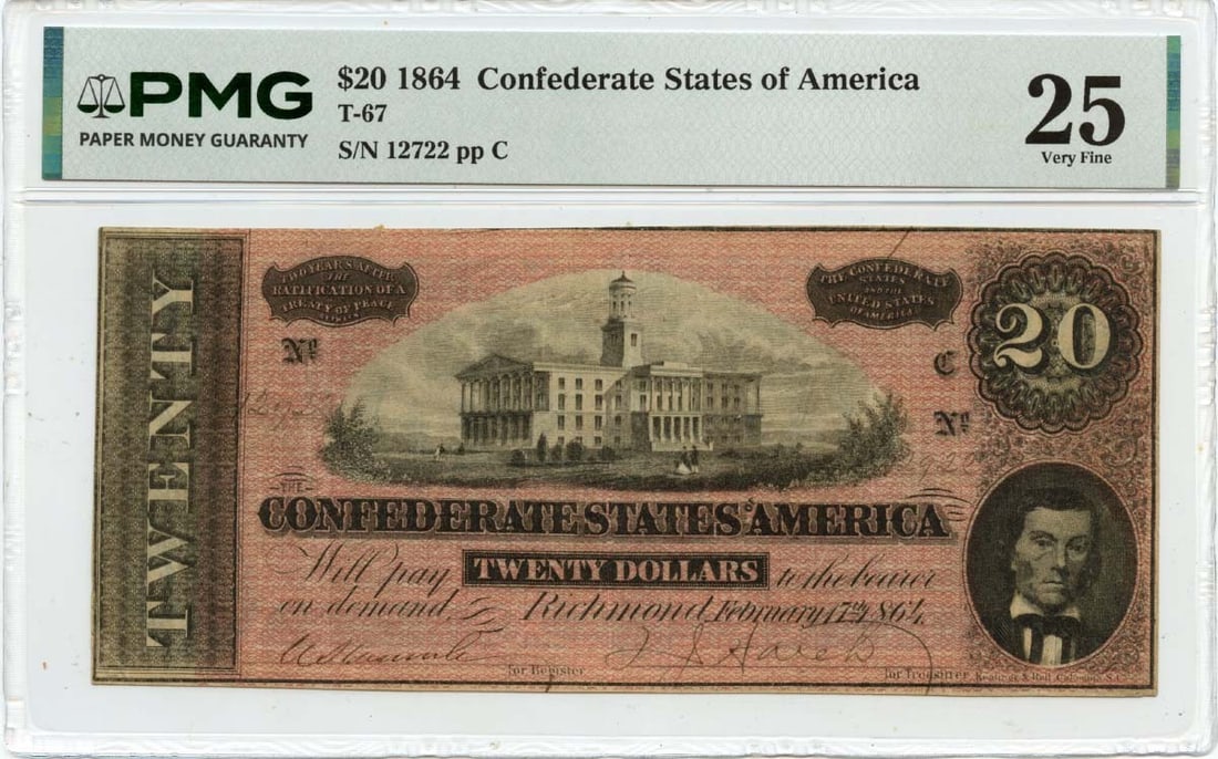Confederate 1864 $20 T-67 Currency PMG VF25 Certified (1 of 2)