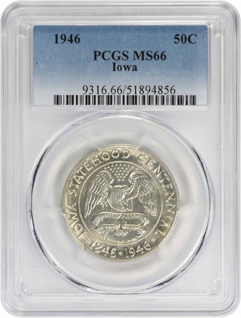 1946 Iowa Commemorative Silver Half Dollar MS66 PCGS Uncirculated: 1946 Iowa Commemorative Silver Half Dollar MS66 PCGS Uncirculated This Iowa Commemorative Silver Half Dollar from 1946 is a remarkable piece for collectors. Graded MS66 by PCGS, this coin boasts an un