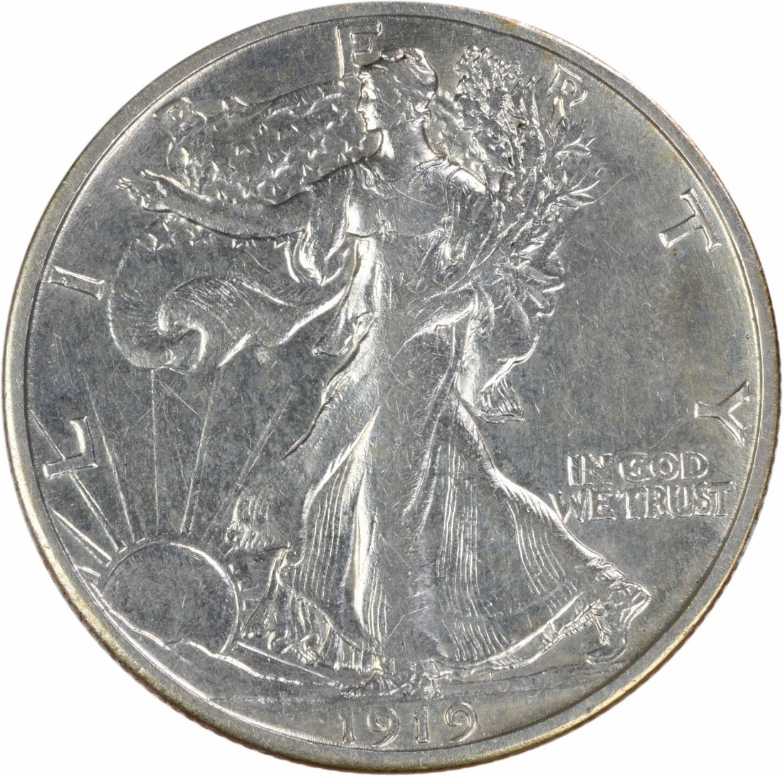 1919 San Francisco Walking Liberty Half Dollar 90 Percent Silver EF Uncertified: 1919 San Francisco Walking Liberty Half Dollar 90 Percent Silver EF Uncertified This is a 1919-S Walking Liberty Half Dollar, featuring a design by Adolph Alexander Weinman. The coin was minted in San