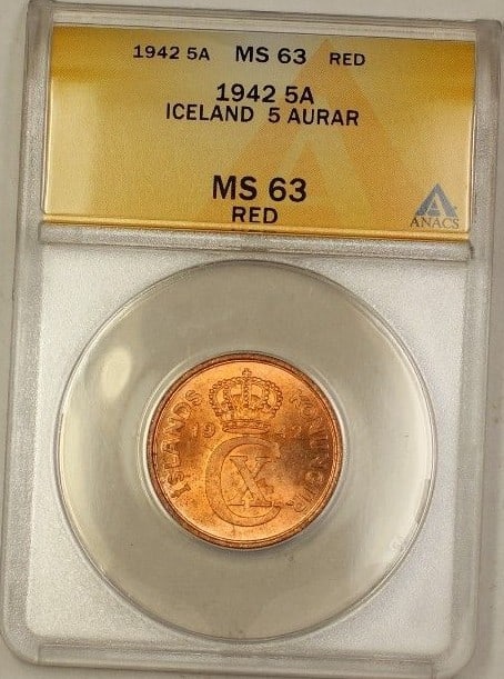 Iceland 1942 5 Aurar Copper Coin ANACS MS-63 Red Certified: Iceland 1942 5 Aurar Copper Coin ANACS MS-63 Red Certified This 1942 Iceland 5 Aurar copper coin is certified by ANACS with a grade of MS-63 Red. Uncirculated and composed of copper, it features the 5