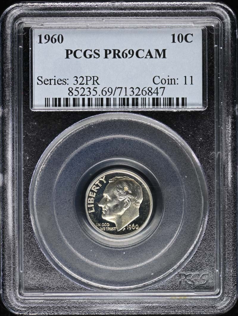 1960 Roosevelt Dime PCGS PR69CAM Uncirculated Philadelphia Mint: 1960 Roosevelt Dime PCGS PR69CAM Uncirculated Philadelphia Mint This 1960 Roosevelt Dime is graded PR69CAM by PCGS, showcasing a stunning proof finish with exceptional clarity. It is an uncirculated c