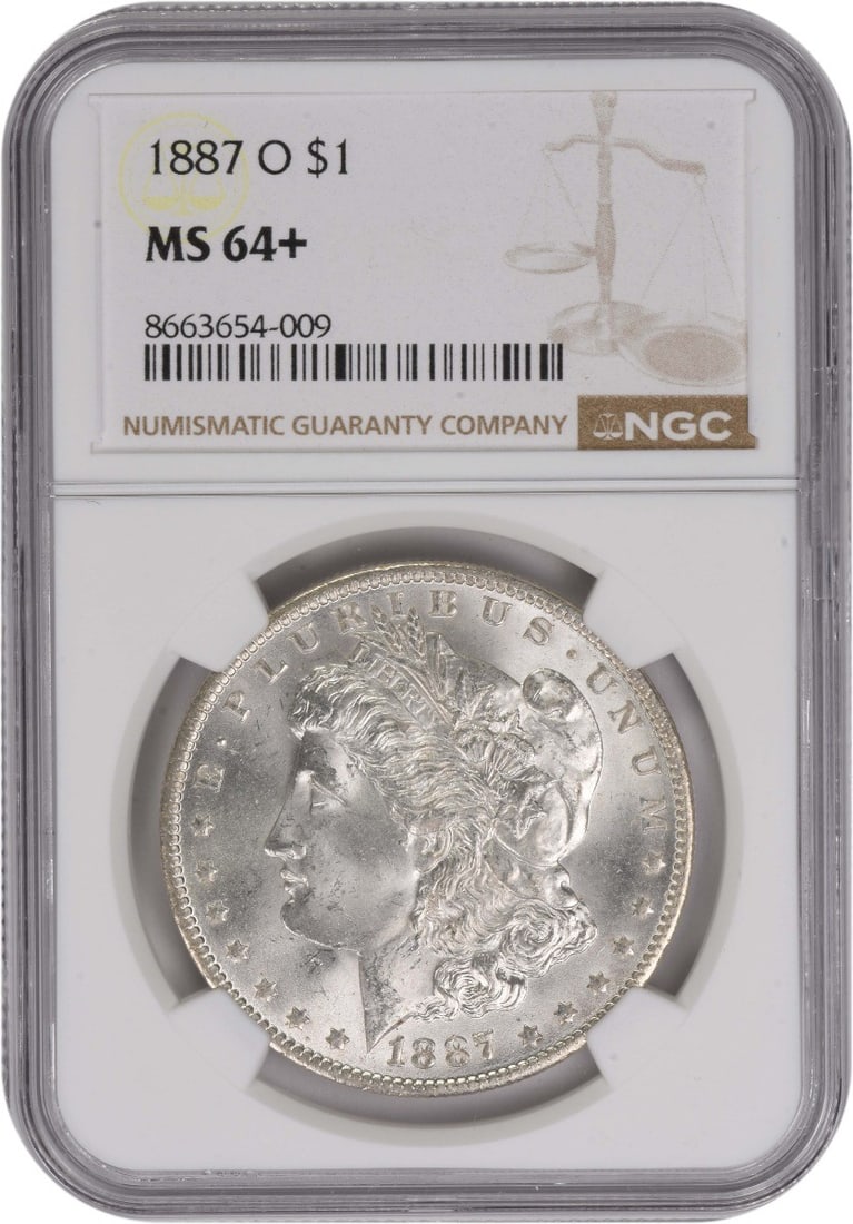 MS64+ NGC Graded 1887-O Morgan Dollar 90 Percent Silver Coin: MS64+ NGC Graded 1887-O Morgan Dollar 90 Percent Silver Coin This is an 1887-O Morgan Silver Dollar graded MS64+ by NGC. Struck at the New Orleans Mint, this uncirculated coin features a composition o