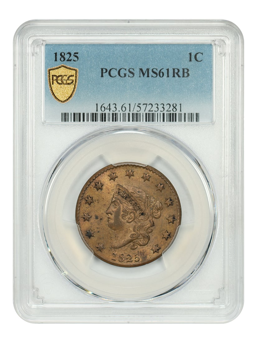 PCGS MS61RB 1825 Coronet Head Large Cent Uncirculated: PCGS MS61RB 1825 Coronet Head Large Cent Uncirculated This 1825 Coronet Head Cent is graded MS61RB by PCGS. The coin is uncirculated and displays a sharply struck design, retaining a significant amoun