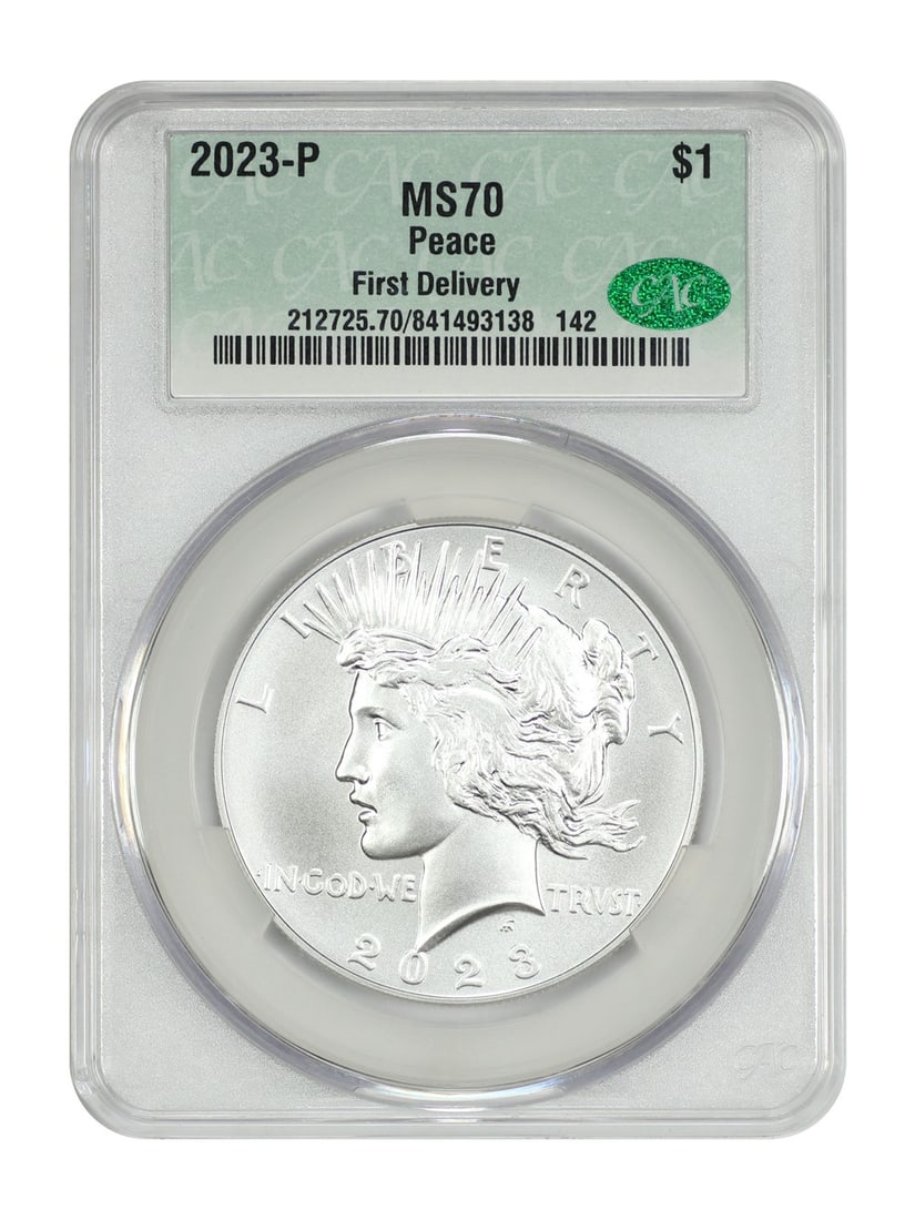 First Delivery 2023 Philadelphia Peace Dollar CACG MS70 Graded Coin: First Delivery 2023 Philadelphia Peace Dollar CACG MS70 Graded Coin This 2023-P Peace Dollar is a modern commemorative coin struck in Philadelphia. Certified by CACG with a grade of MS70, it is classi