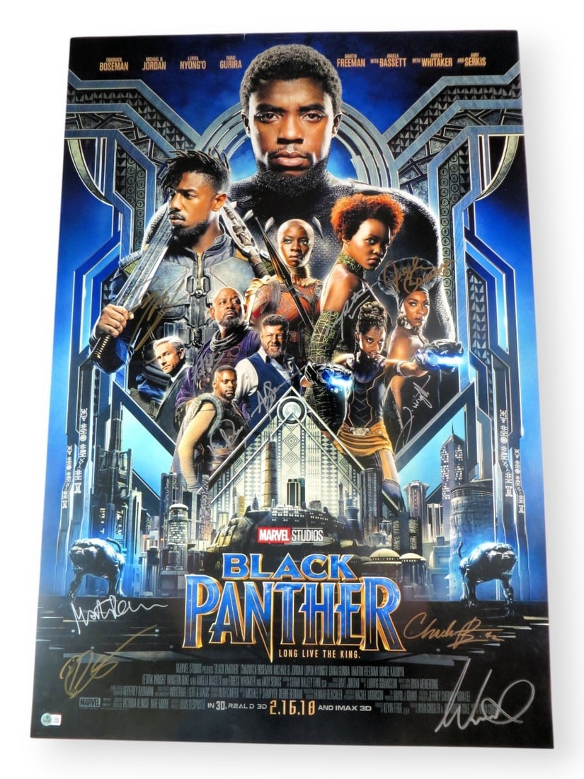 Black Panther Cast Autographed 27x40 Poster with 10 Signatures BAS: Black Panther Cast Autographed 27x40 Poster with 10 Signatures BAS Celebrate the legacy of Marvel's Black Panther with this cast-signed 27x40 poster. This original poster features the autographs of th