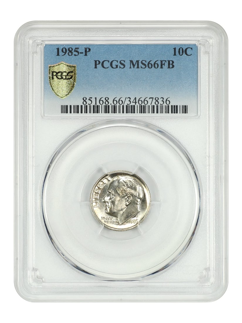 PCGS MS66FB 1985 Philadelphia Roosevelt Dime 10C Uncirculated: PCGS MS66FB 1985 Philadelphia Roosevelt Dime 10C Uncirculated This 1985-P Roosevelt Dime is graded MS66FB by PCGS and remains uncirculated. It was minted in Philadelphia and features the Full Bands (F